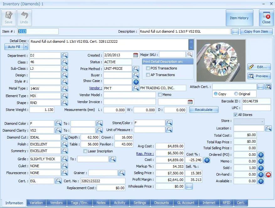 screenshot of JewelMate Enterprise Retail